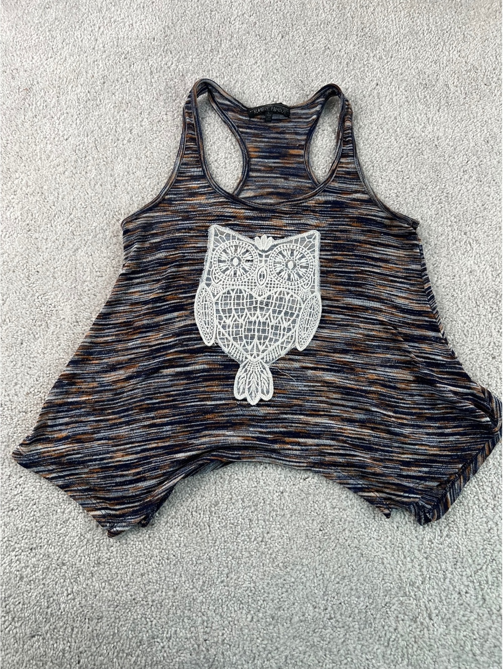 Almost Famous Owl Graphic Racerback Tank Top Brown Blue Striped Boho Size L